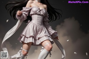 a woman in a pink dress and stockings posing for a picture