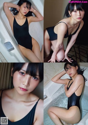 A woman in a black bathing suit sitting on a table.