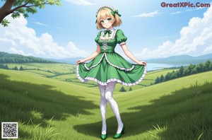 A woman in a green dress and stockings leaning against a door.