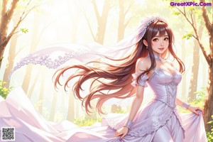 A woman in a wedding dress walking through a forest.