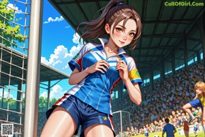 A girl in a soccer uniform standing next to a soccer ball.