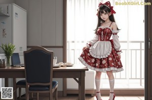 A girl in a dress standing by a window.