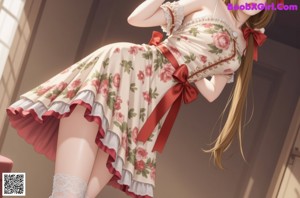 a woman in a red and white dress posing for a picture