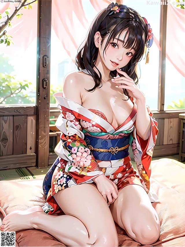 A woman in a kimono sitting on a bed.