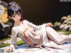 A woman in a white kimono standing in the water.