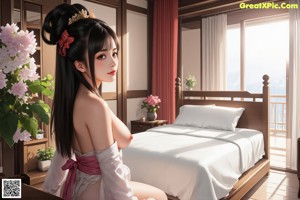 A naked woman in a kimono sitting on a bed with flowers in her hair.