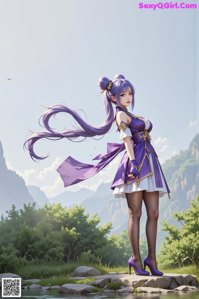 Hentai - Sovereign of Lightning in Exquisite Garb Set.1 20250125 Part 8 No.fa8540 A woman in a purple dress standing on a rock by a river.