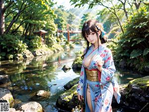 A woman in a blue kimono is walking down the street.