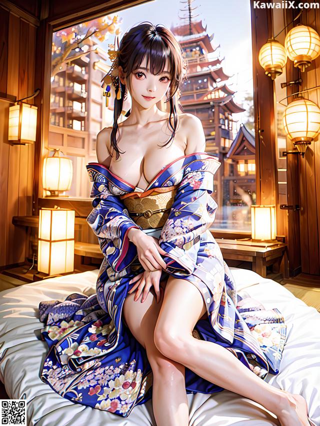 A woman in a kimono sitting on a bed.