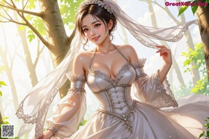 A woman in a long white dress walking through a forest.