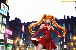 A woman in a red latex outfit standing in the middle of a city.
