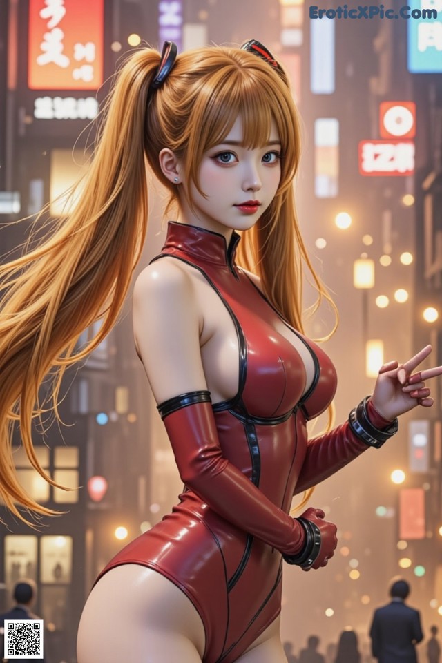 A woman in a red latex outfit standing in the middle of a city.