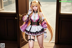 A woman with long blonde hair wearing a dress and gloves.