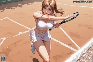 A woman in a white tank top and skirt standing on a tennis court.