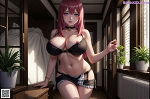 A naked anime girl sitting on a bed in a black lingerie.