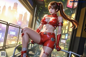 A woman in a purple and red dress standing in the middle of a city.