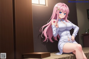A naked anime girl sitting on the edge of a swimming pool.