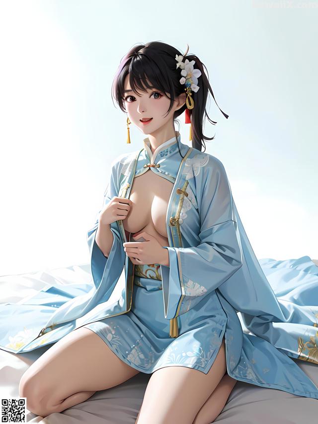 A woman in a blue kimono sitting on a bed.
