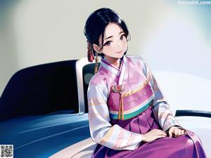 A woman in a kimono sitting on a red couch.