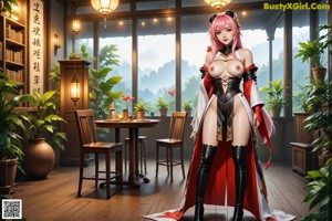 A woman in a white and red outfit with black thigh-high boots.
