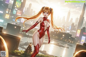 A woman in a red and black outfit standing in the middle of a city.