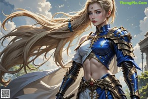 A woman in a blue and red outfit holding a sword.