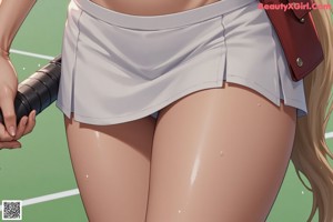 A woman in a white bikini holding a tennis racket.