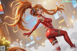 A woman in a red latex outfit is posing in the middle of a city.