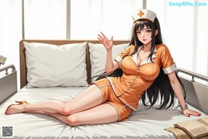 A woman in a white nurse outfit is posing for the camera.