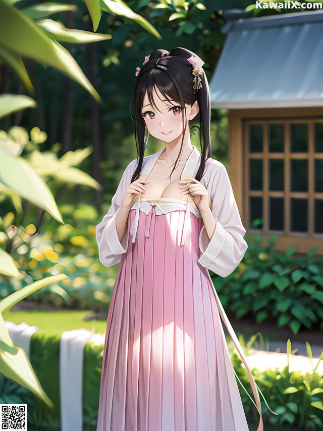 A woman in a pink dress standing in front of a house.