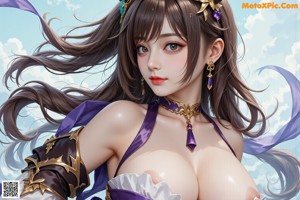 A woman in a purple and white outfit is posing for a picture.