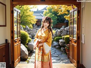 A woman in a green kimono sitting on a bed.