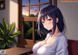 Anime girl with long black hair wearing a white tank top.