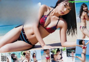 A woman in a bikini sitting on the edge of a pool.