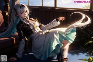 A woman with long white hair sitting on a bench.