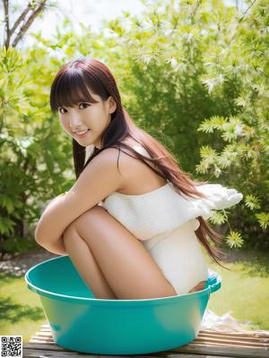 A naked asian woman sitting on a bed next to a window.