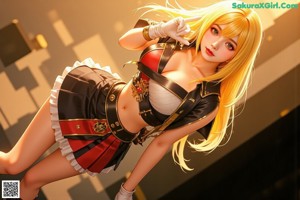 A woman with long blonde hair wearing a dress and boots.