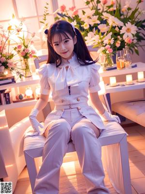 A woman sitting on a bed in a white dress.