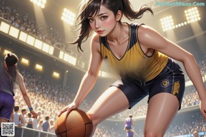 A woman in a green and yellow uniform holding a basketball.