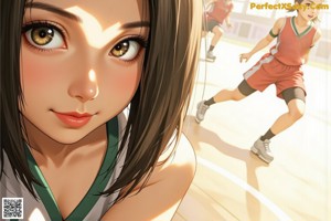A couple of young women playing basketball on a court.